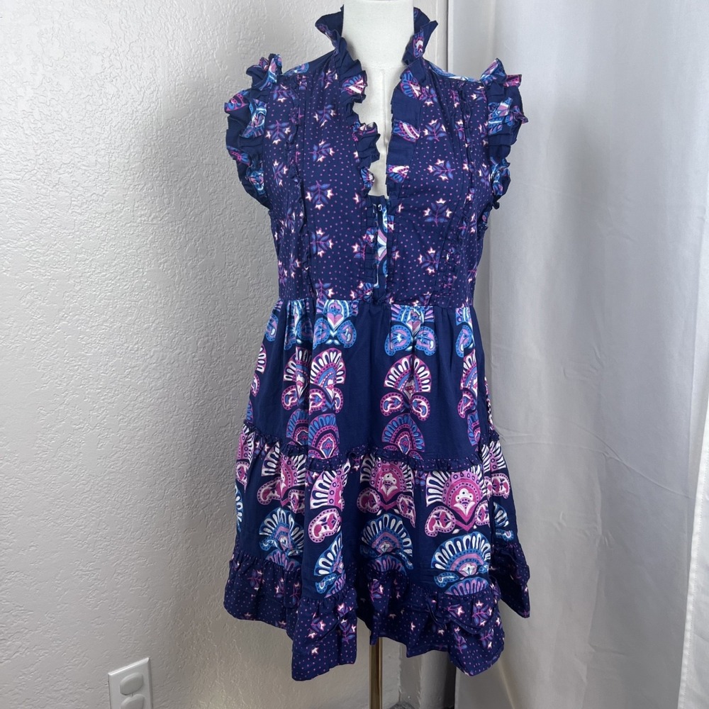 Caroline Constas Mini Dress Womens Medium Blue Half Moon Print Boho Resort Vacay